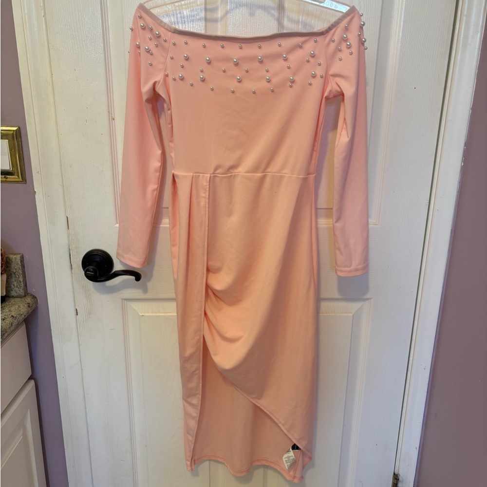 Peach/Pink Off-Shoulder Dress with Pearls - Size Small
